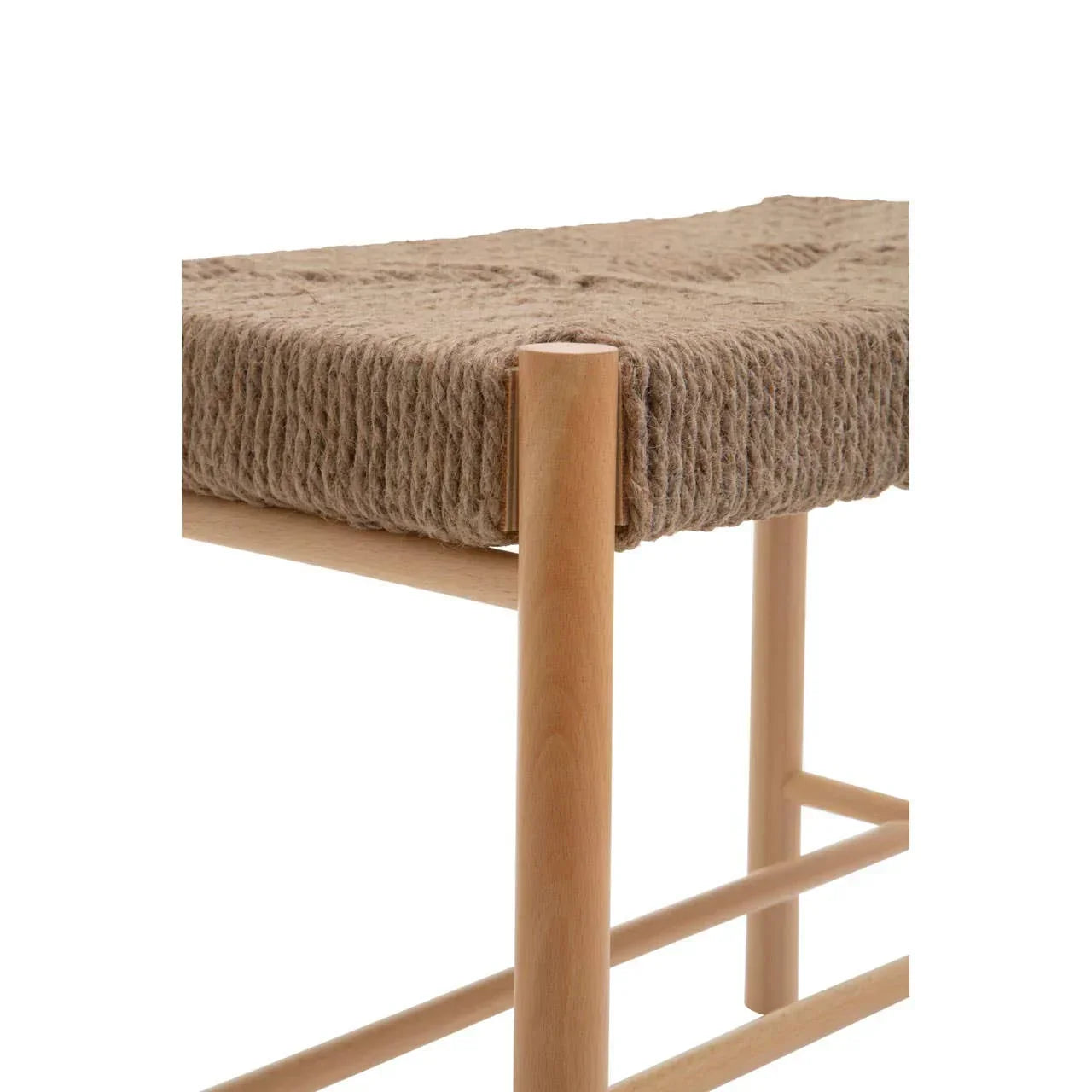 Detail of woven rope seat bench with light wooden legs, corner close-up view