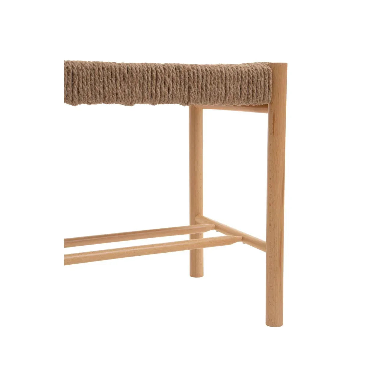 Closeup of wooden stool with woven rope seat and natural finish legs
