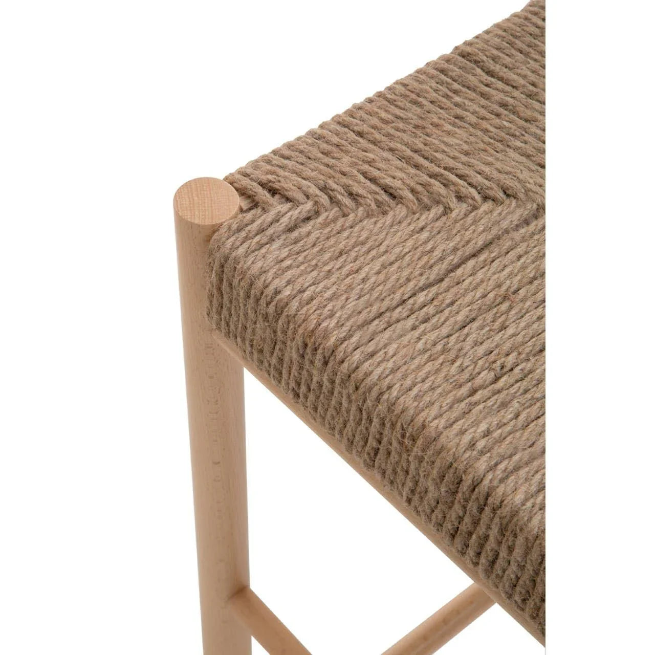 Closeup of woven rope stool seat with natural wood frame