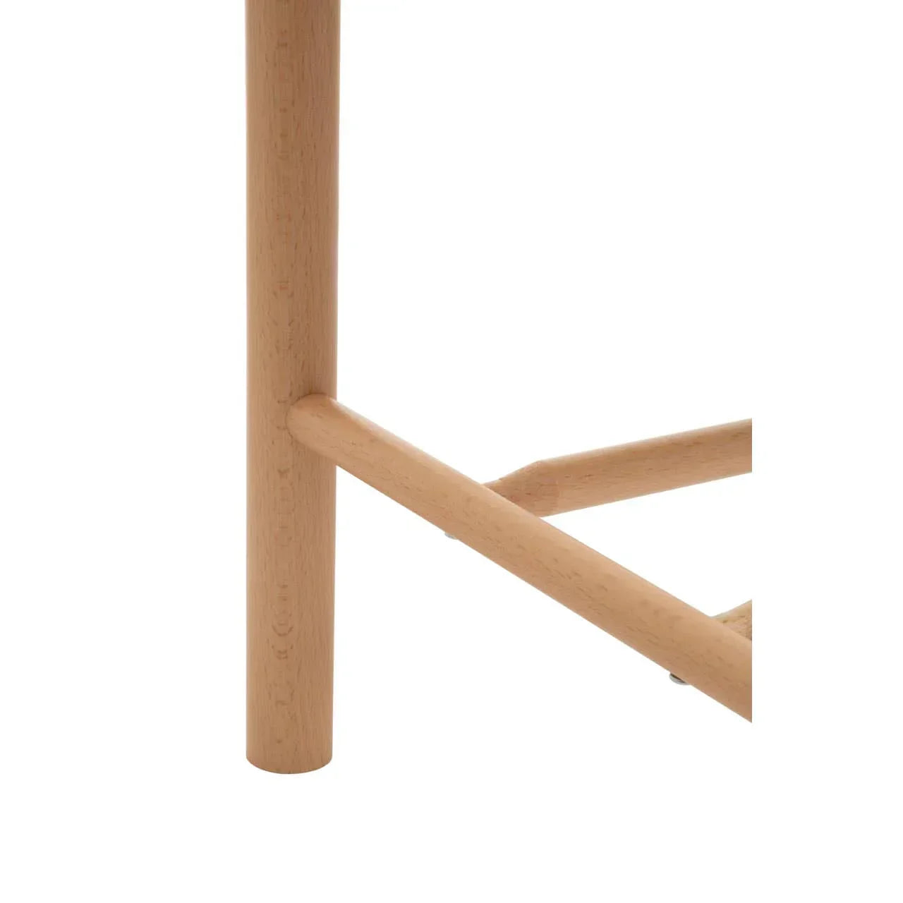 Close-up of wooden chair leg with diagonal support bar and light natural finish