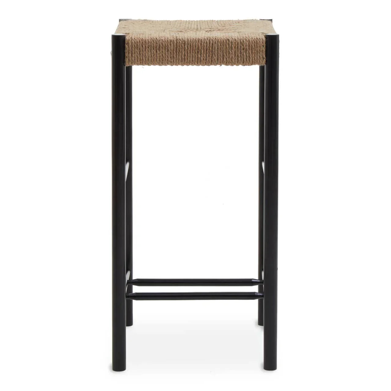 Bar stool with black metal frame and woven natural jute seat, front view