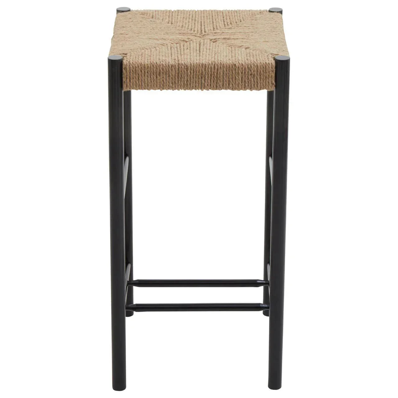 Tall bar stool with black metal legs and woven natural jute seat front view