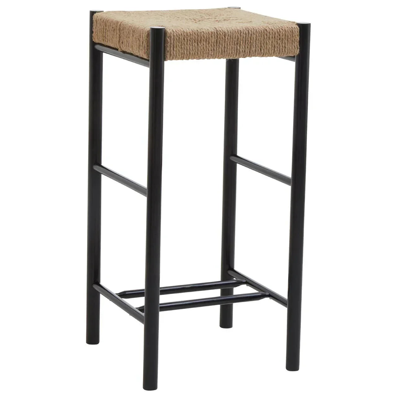 Black metal bar stool with woven natural jute seat and square frame