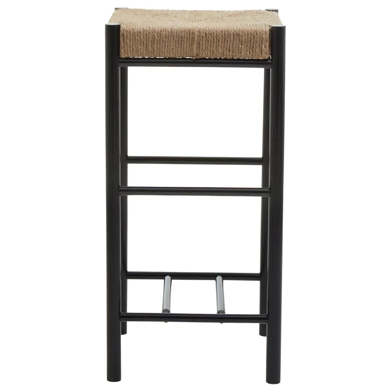 Black metal bar stool with natural woven seat, front view showing footrest and frame details