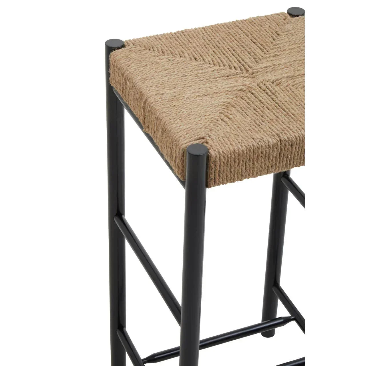 Bar stool with woven rope seat and black metal legs, close-up side angle