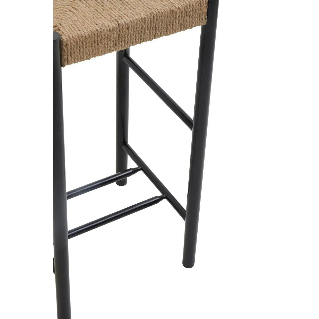 Metal frame bar stool with woven rope seat, close view of legs and footrest
