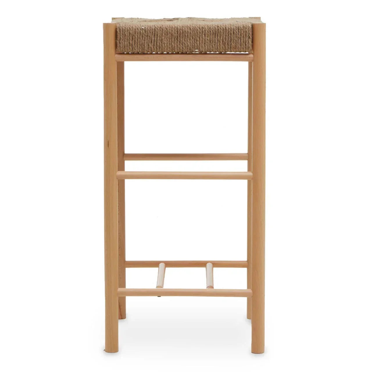 Wooden bar stool with natural woven seat and footrest front view