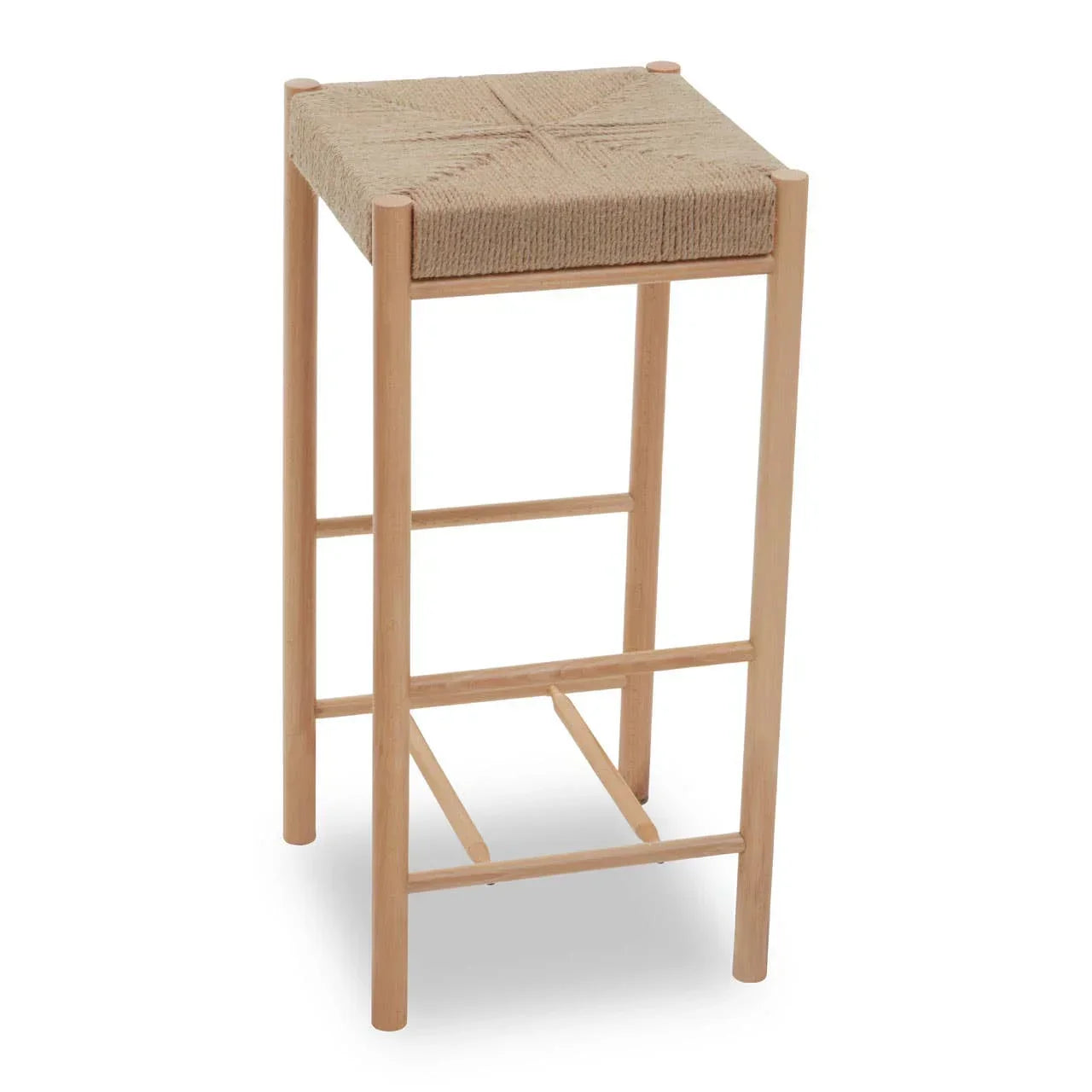 Wooden bar stool with square woven seat and natural finish, front angle view