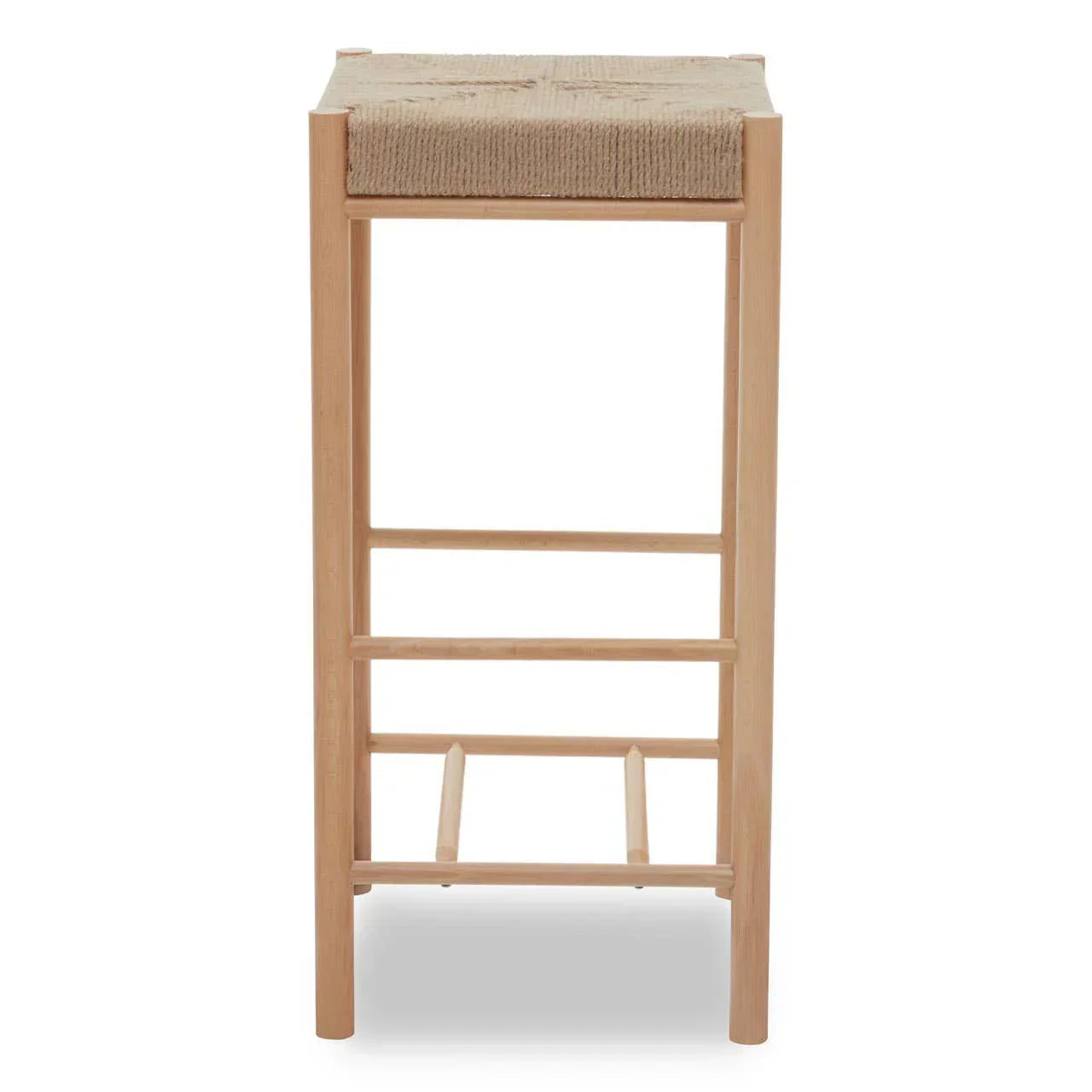 Natural wood bar stool with woven seat, shown from the front