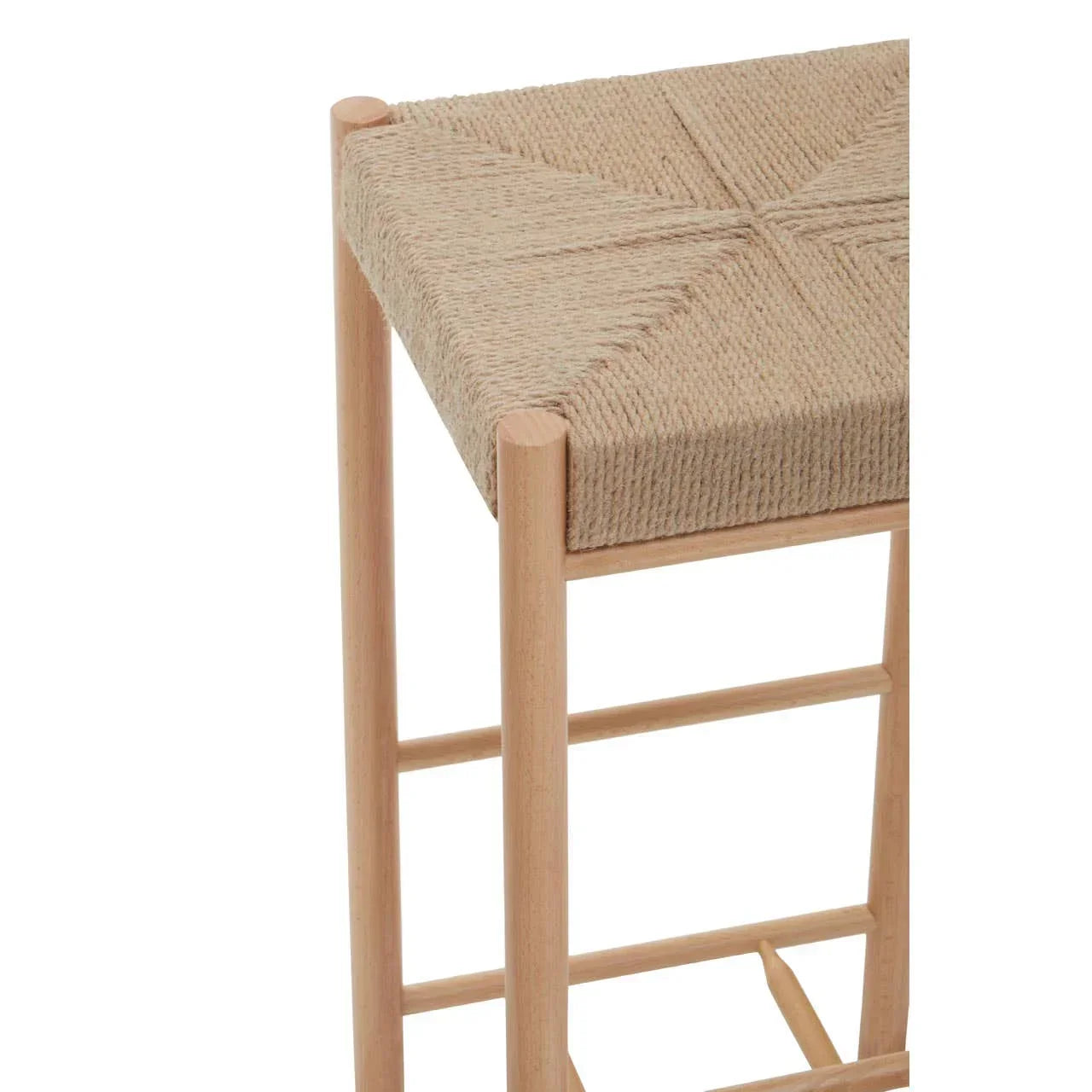 Bar stool with light wood frame and woven rope seat, close-up of seat corner