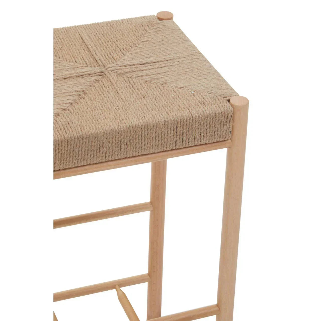 woven rope seat bar stool with light wood frame, close-up corner view