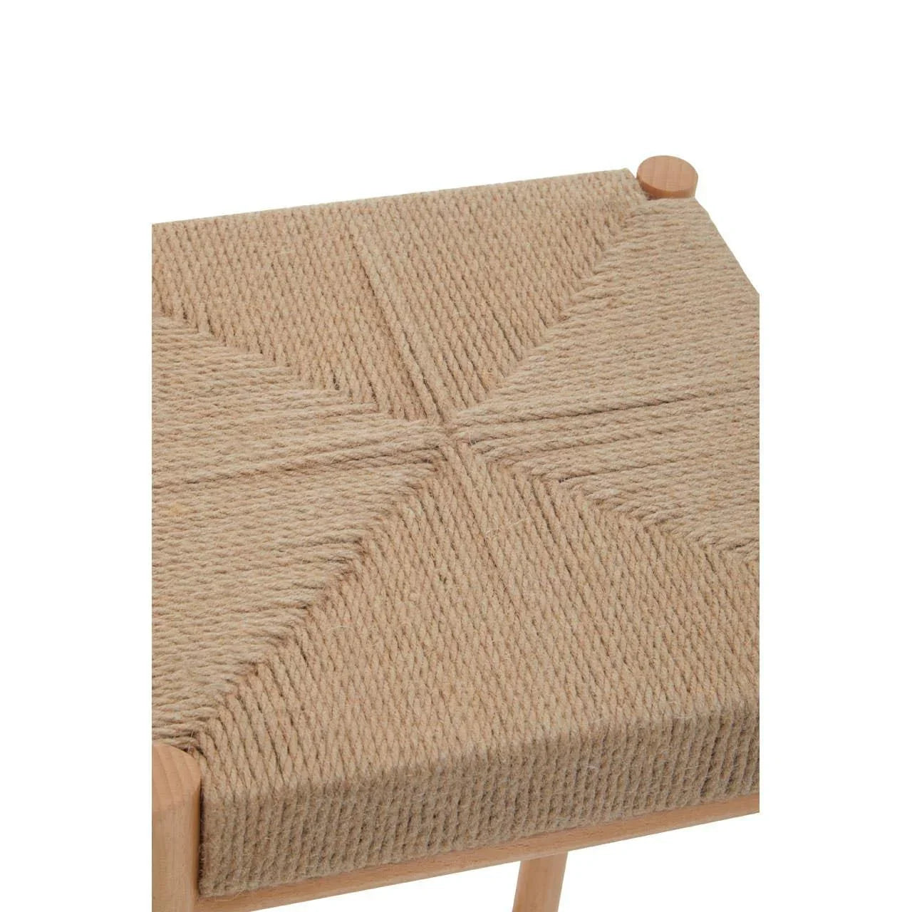 Closeup of woven rope dining chair seat with natural wood frame