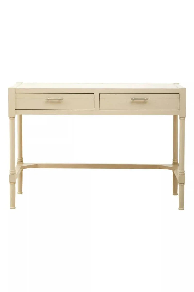 Cream wood desk with two drawers and metal handles, shown from the front