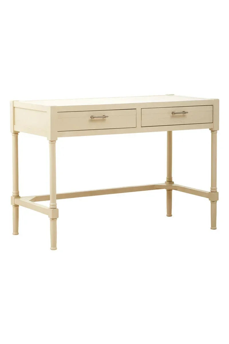 Cream wood desk with two drawers and metal handles, rectangular shape, classic design