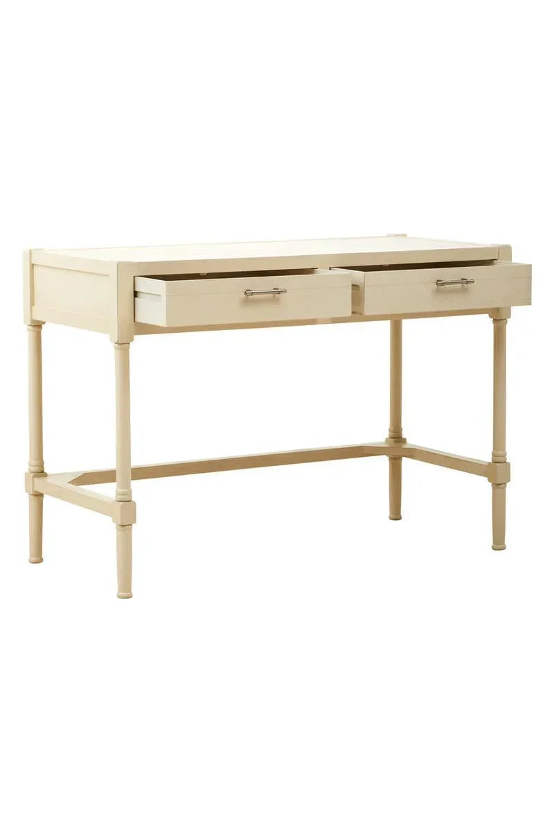 Cream wooden desk with two drawers and metal handles, shown at an angle on white background