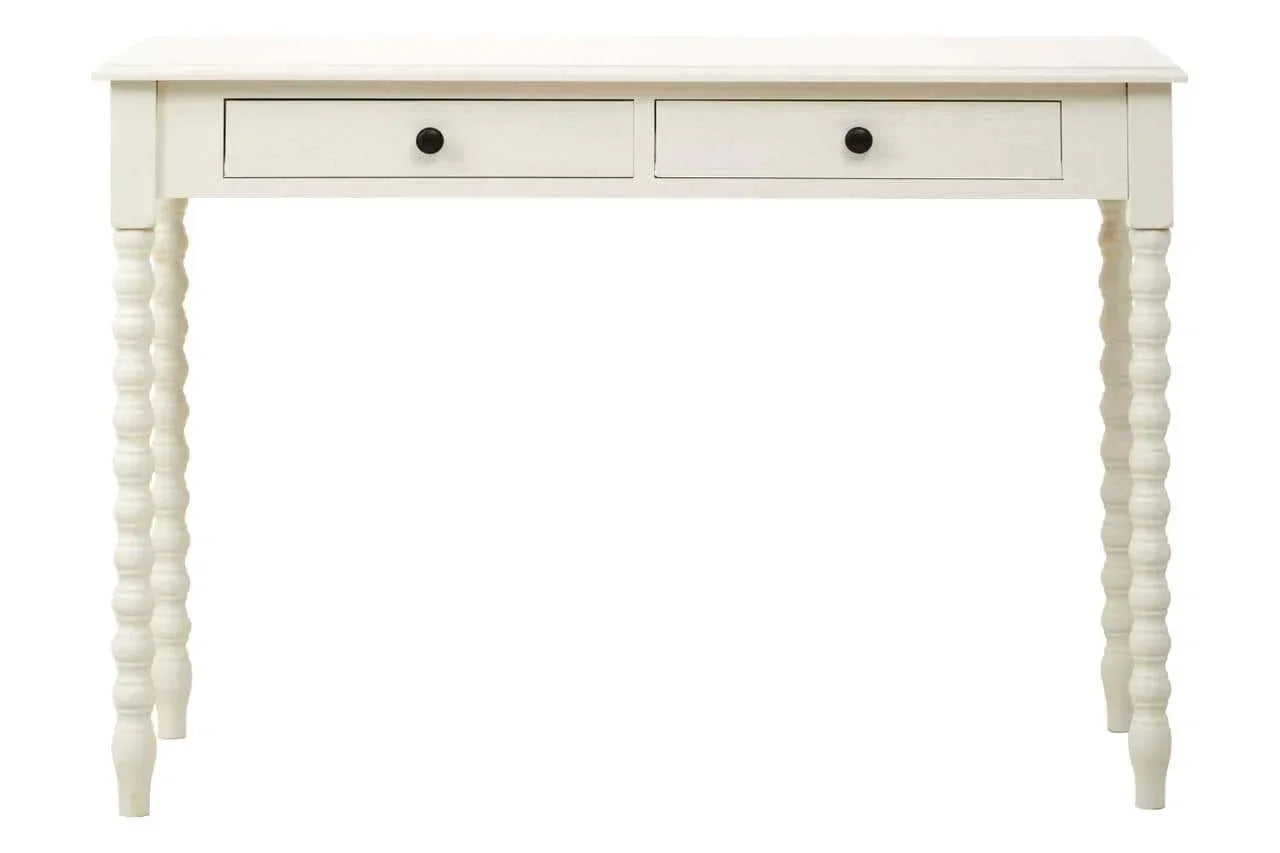 White wooden console table with two drawers and turned legs