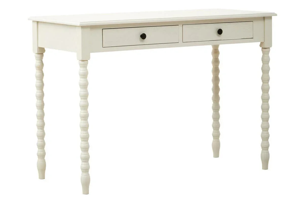 White wooden desk with two drawers and turned legs, shown from the front angle