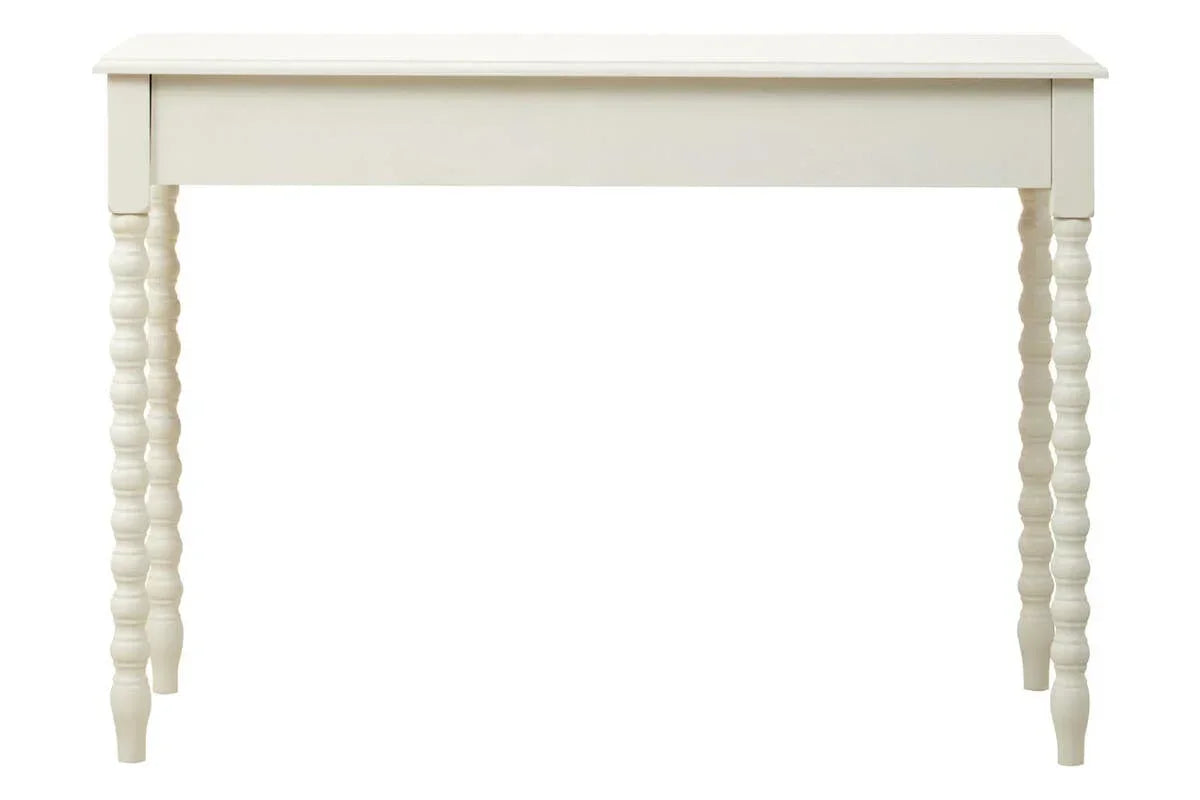 White wooden console table with spindle legs, front view