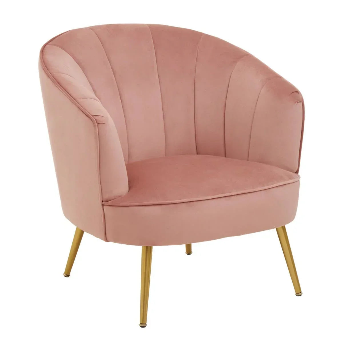 Pink velvet accent chair with gold metal legs and curved channel-tufted backrest