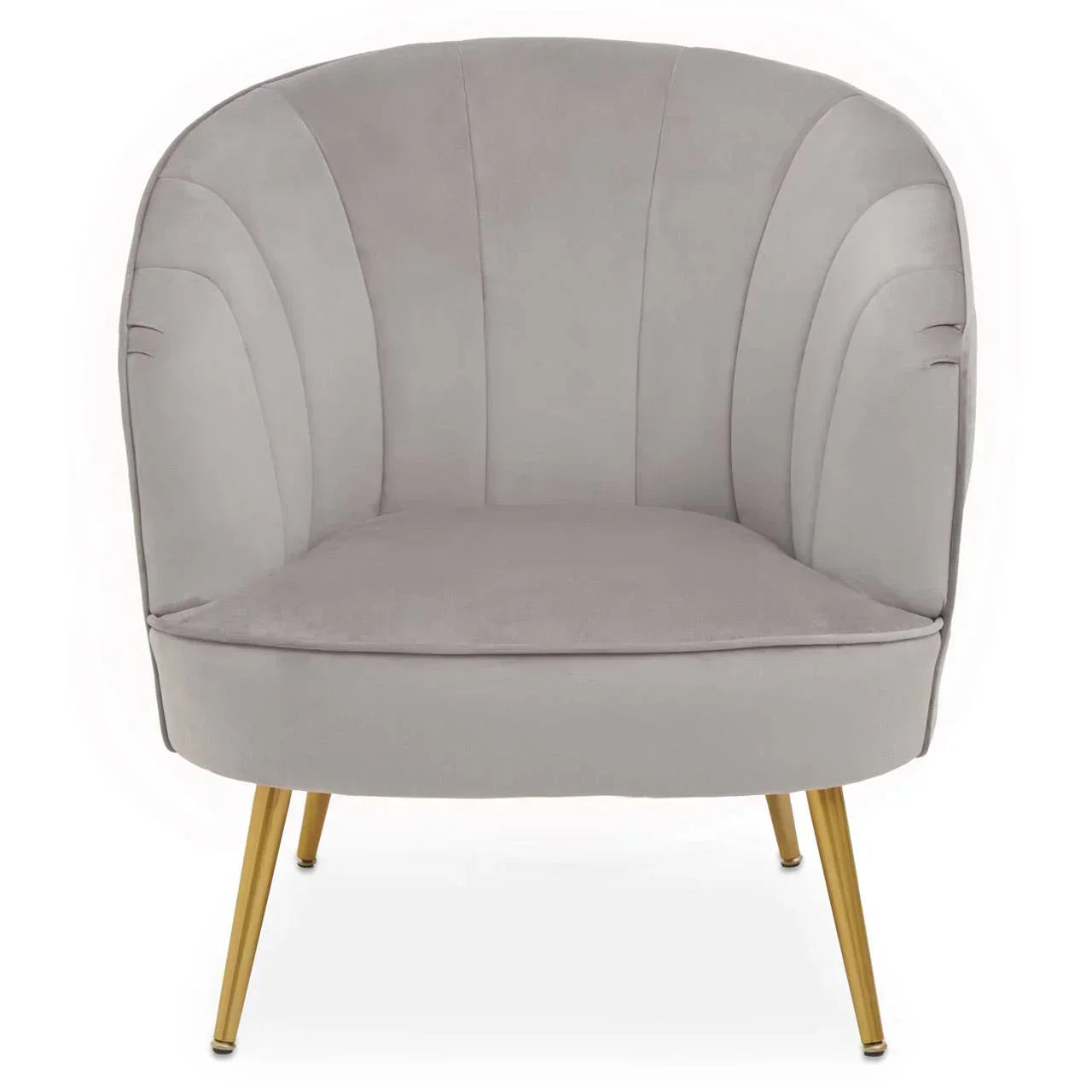 Grey velvet accent chair with gold metal legs, front view