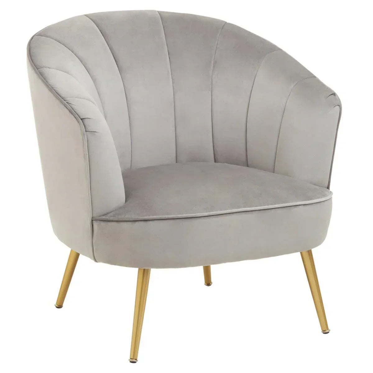Grey velvet accent chair with scalloped backrest and gold metal legs