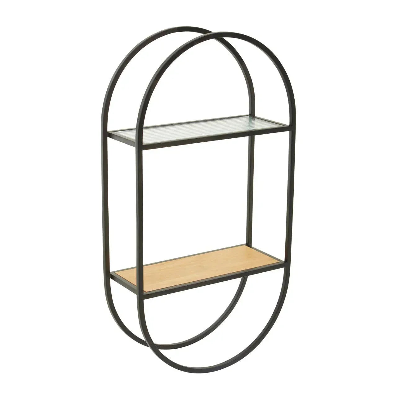 Wall shelf with black metal oval frame, glass top shelf and wood bottom shelf