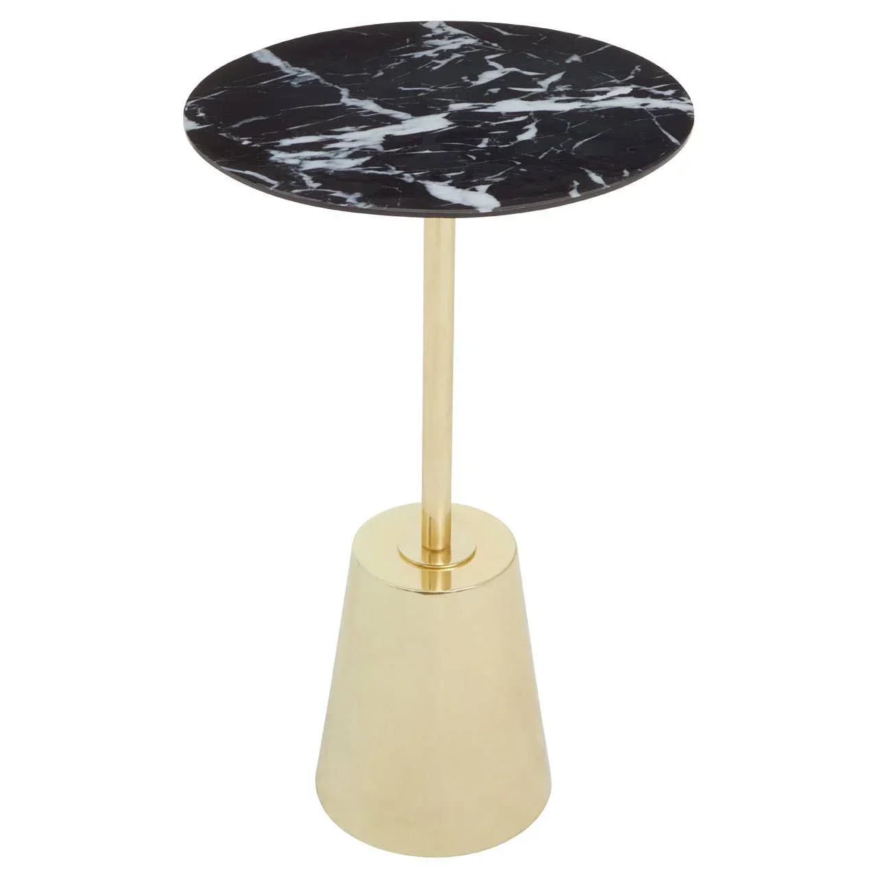 Round black marble side table with gold metal base, modern accent furniture