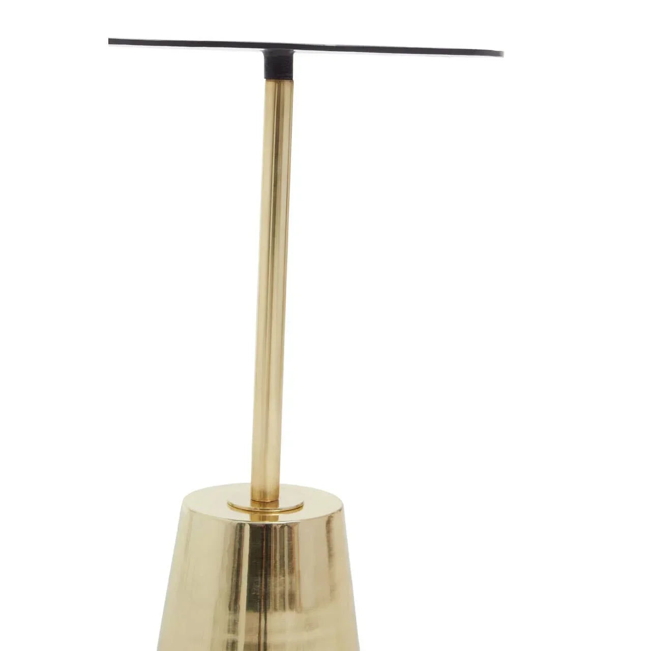 Gold metal side table with slim base and flat square top, modern design