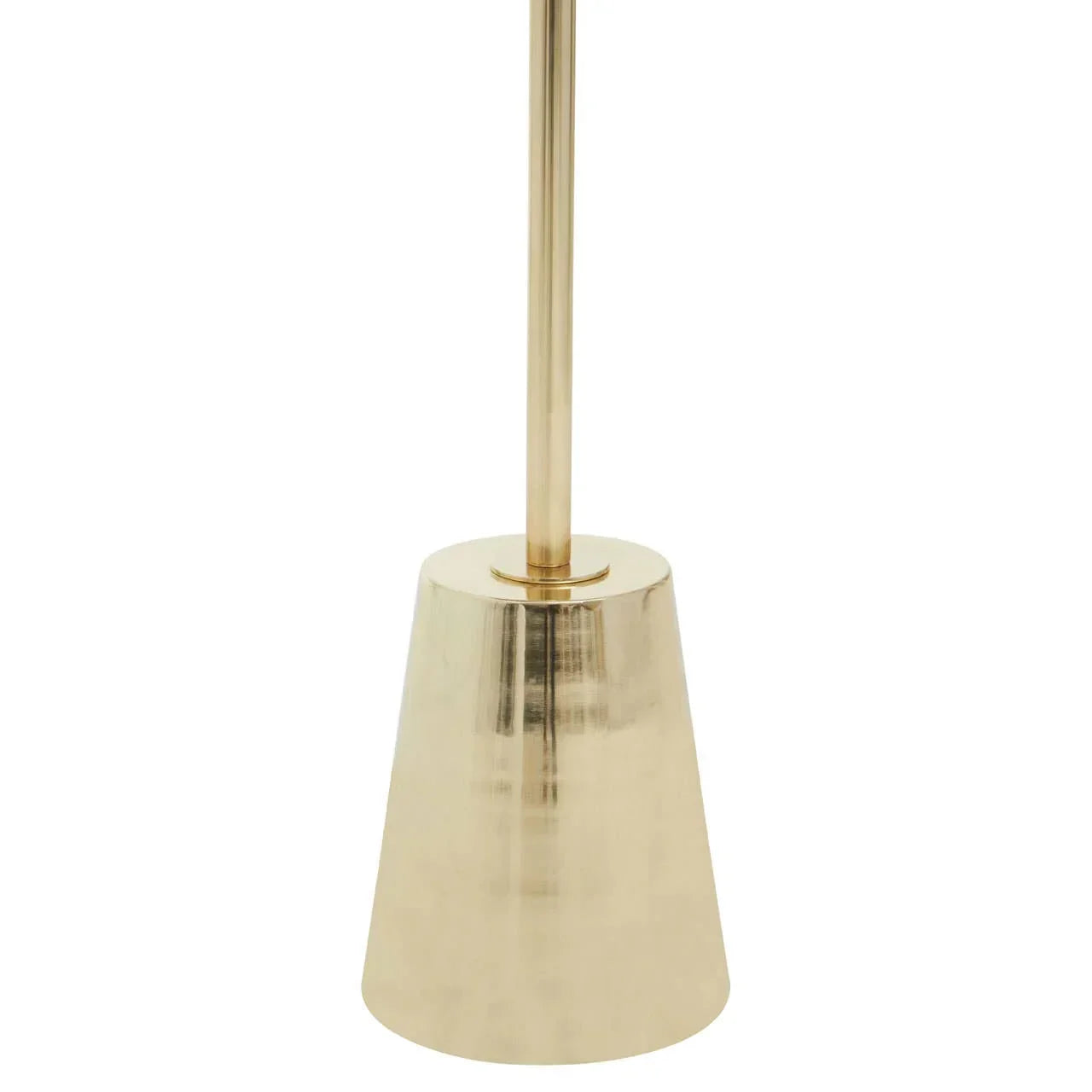 Gold metal lamp base with cylindrical rod and tapered conical shape, close-up view