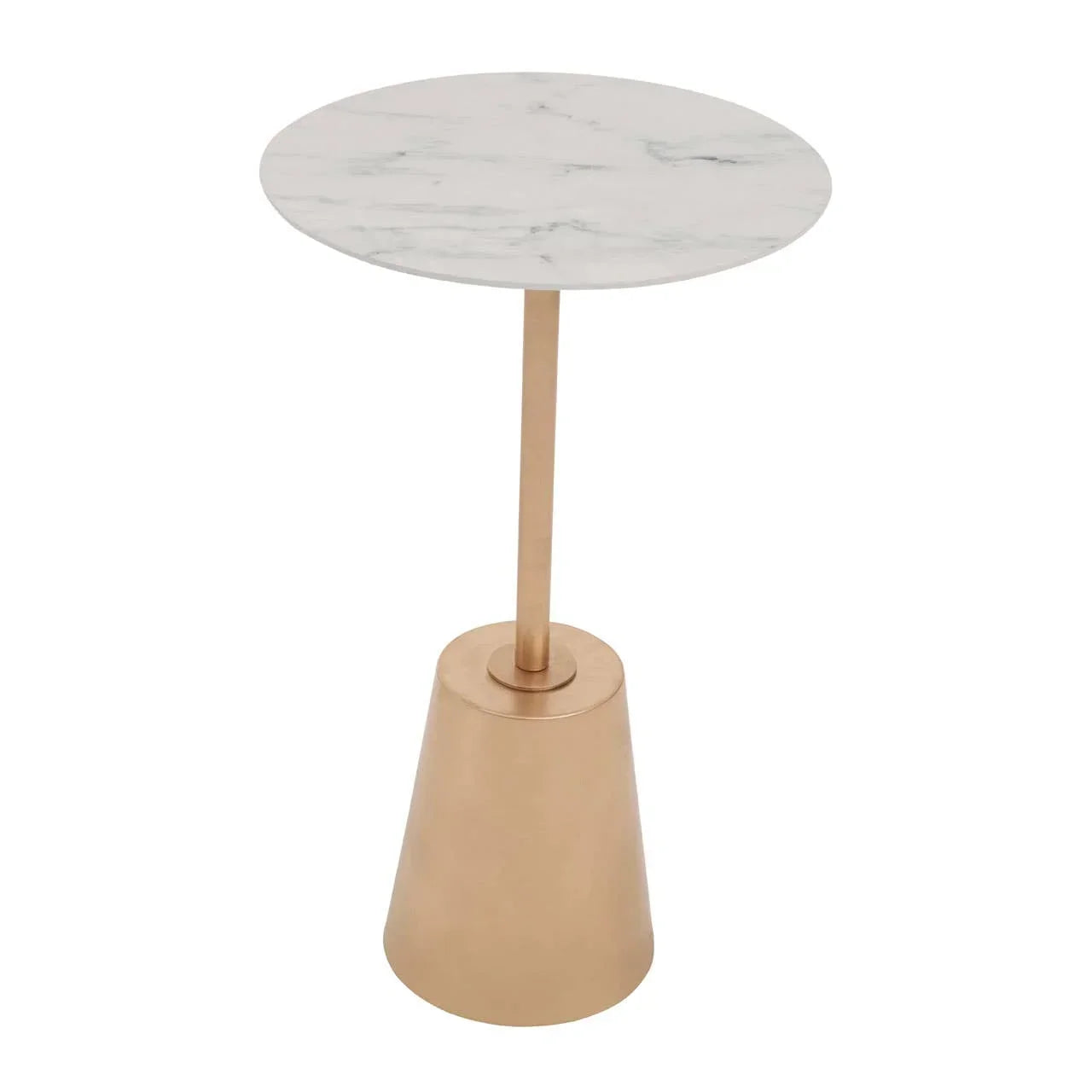 Round marble side table with gold metal base and slim central support
