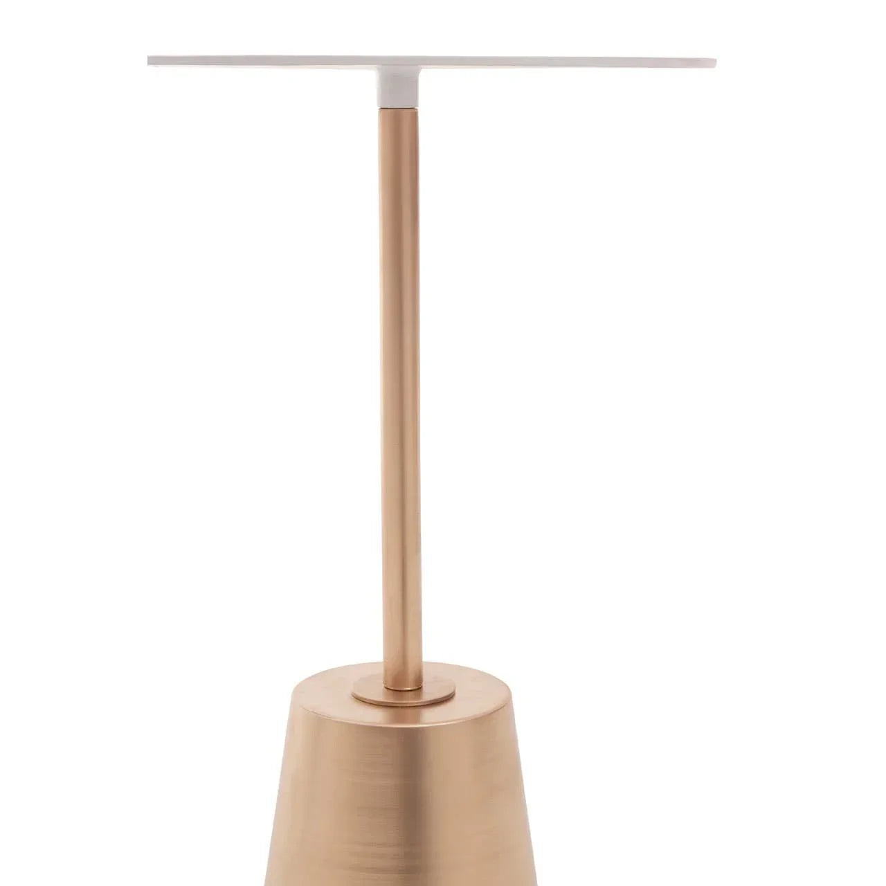 Modern side table with white top and brushed gold metal base, close up view