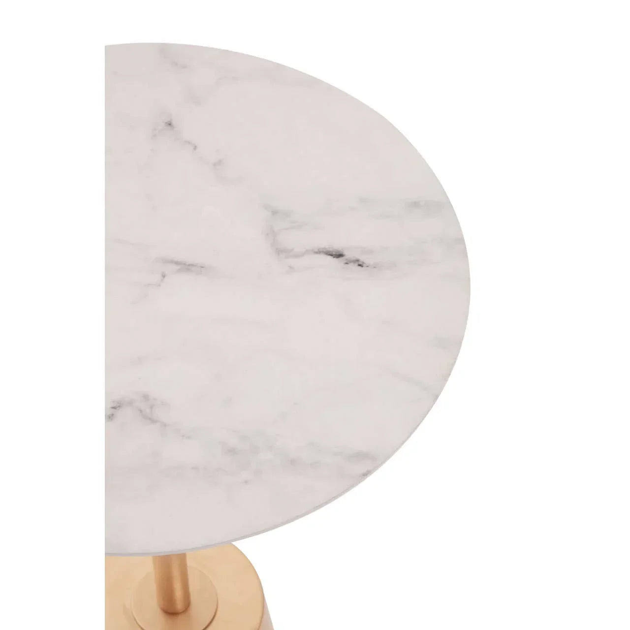 Round marble-top table with gold metal base, close-up of surface and edge detail