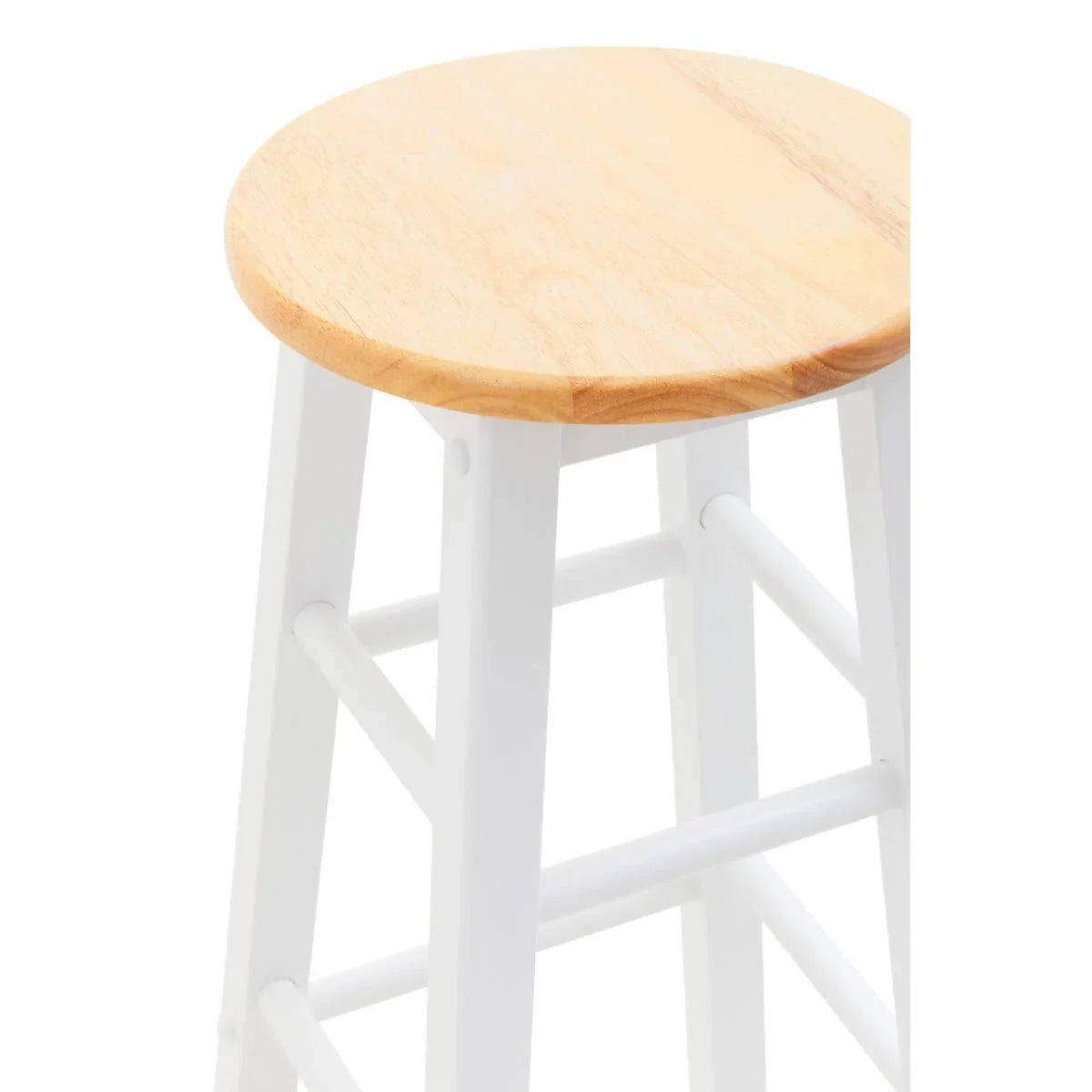 Wooden bar stool with natural round seat and white painted legs, close-up angle