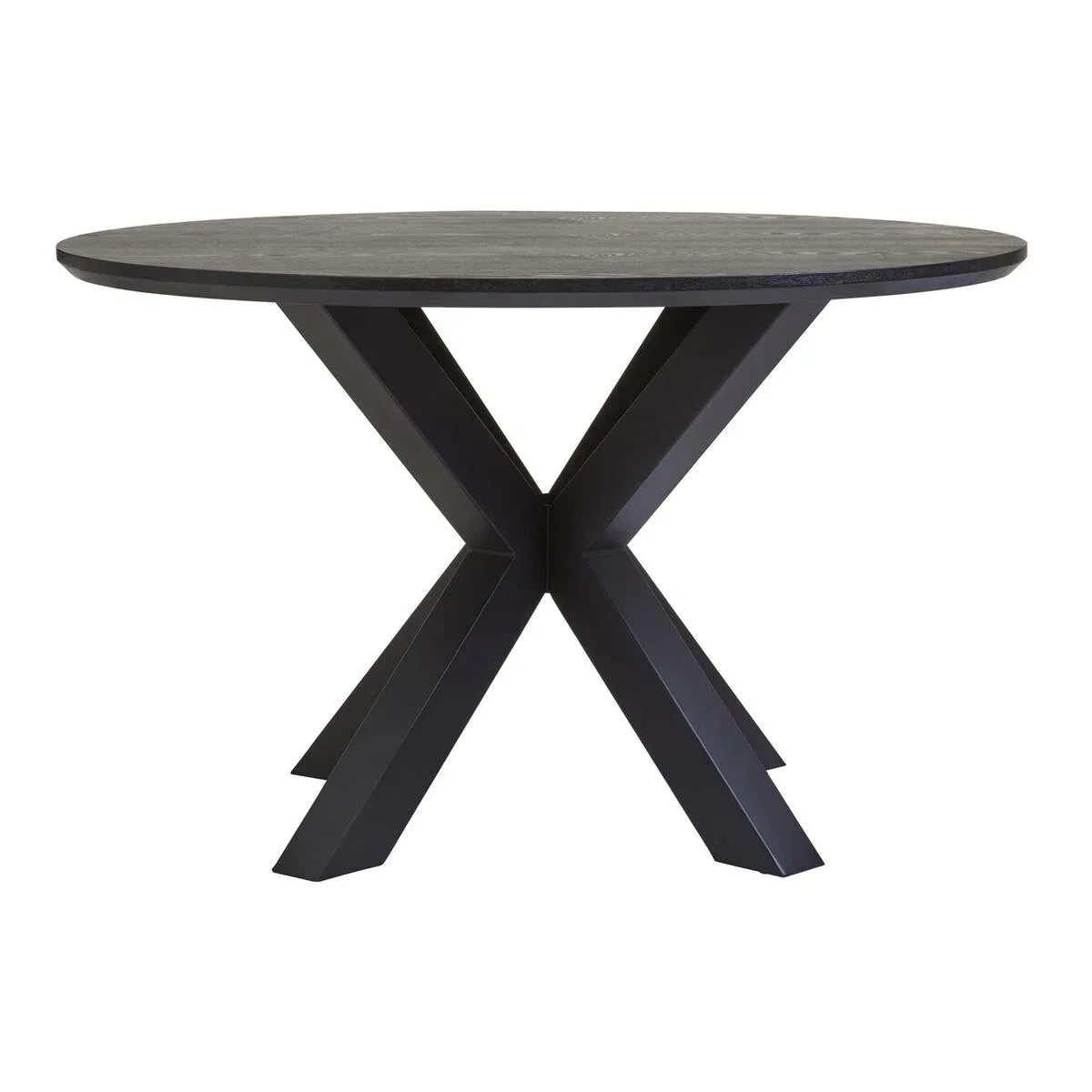 Round black dining table with crossed metal legs and matte top, side view