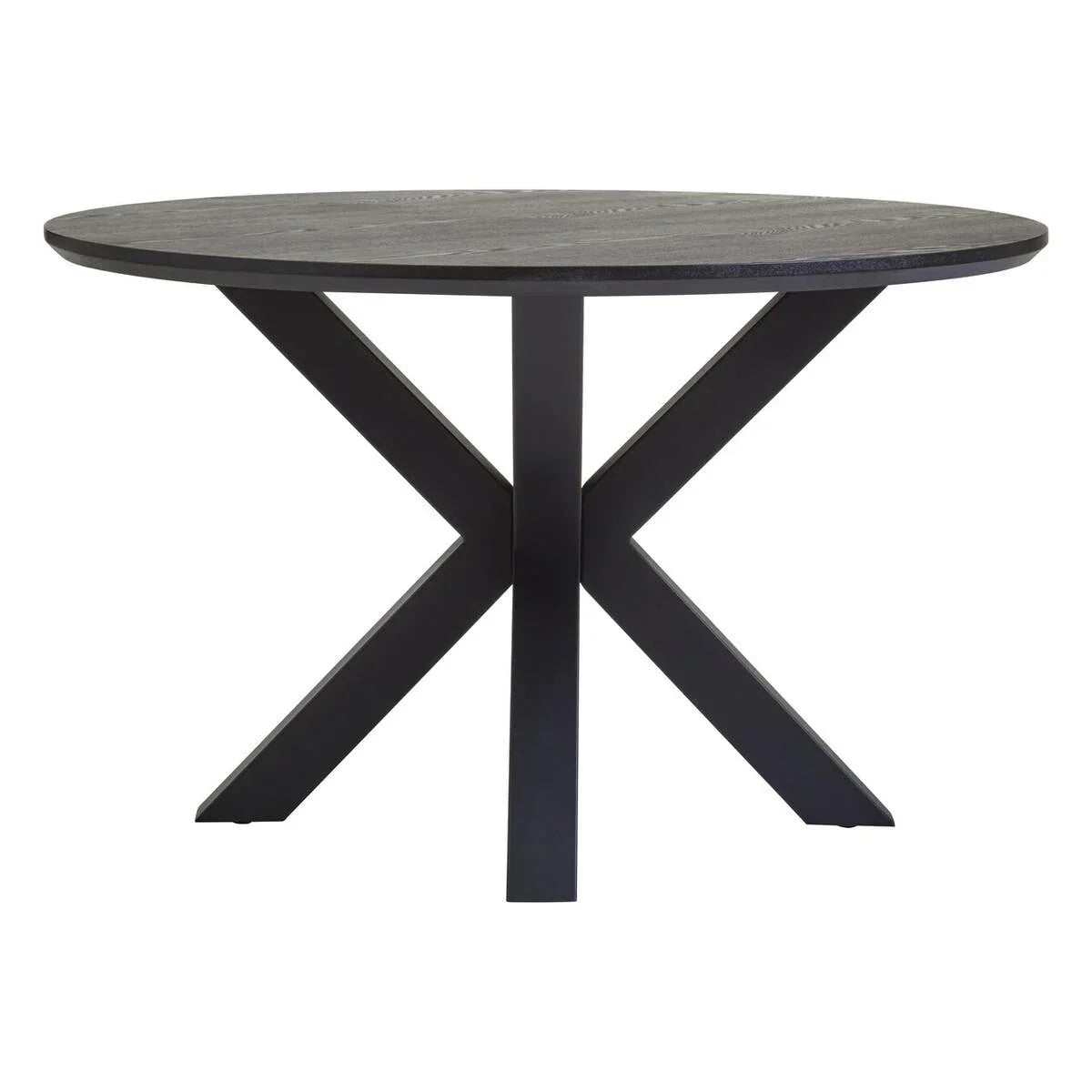 Round dining table with dark wooden top and black crossed metal legs