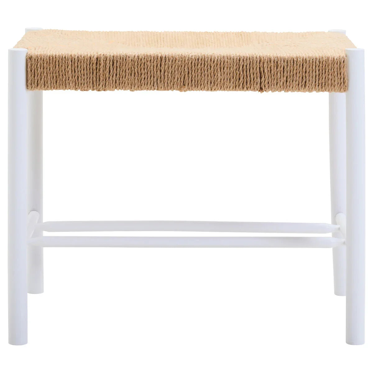 White wood stool with natural woven seat, front view