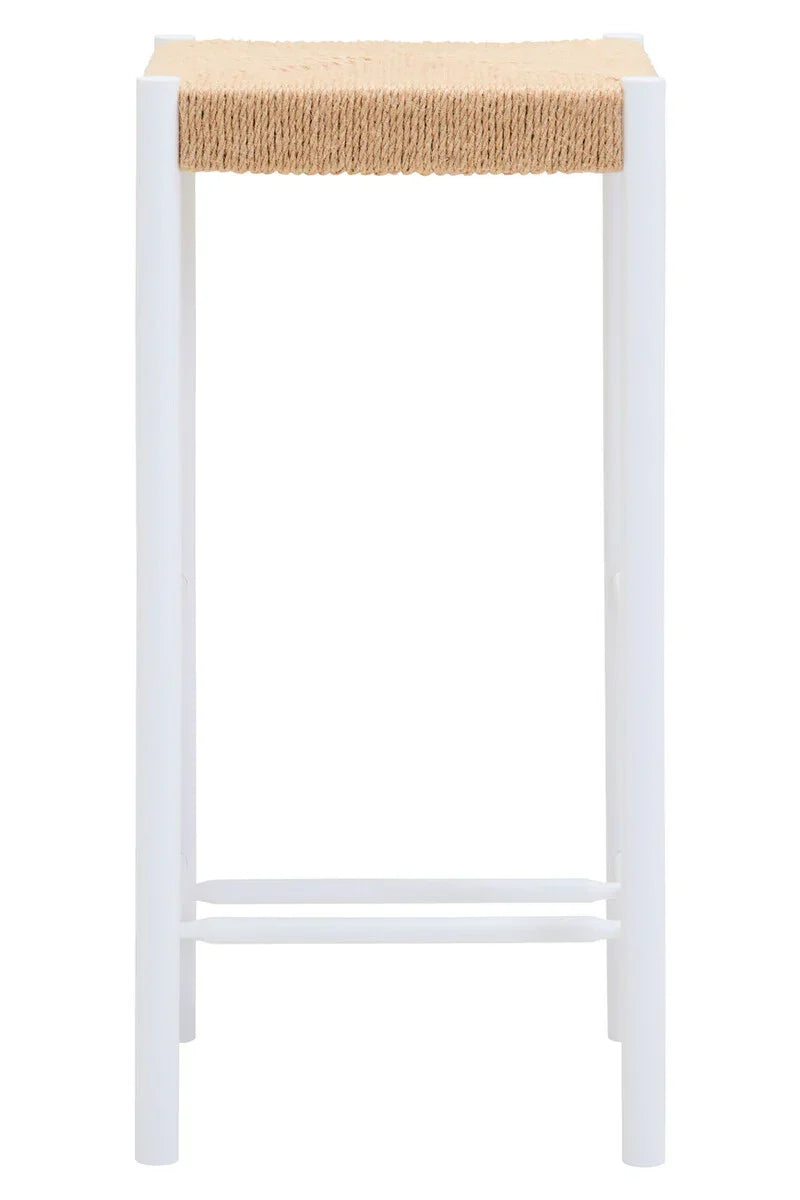 White wooden bar stool with woven rope seat, front view, modern furniture design