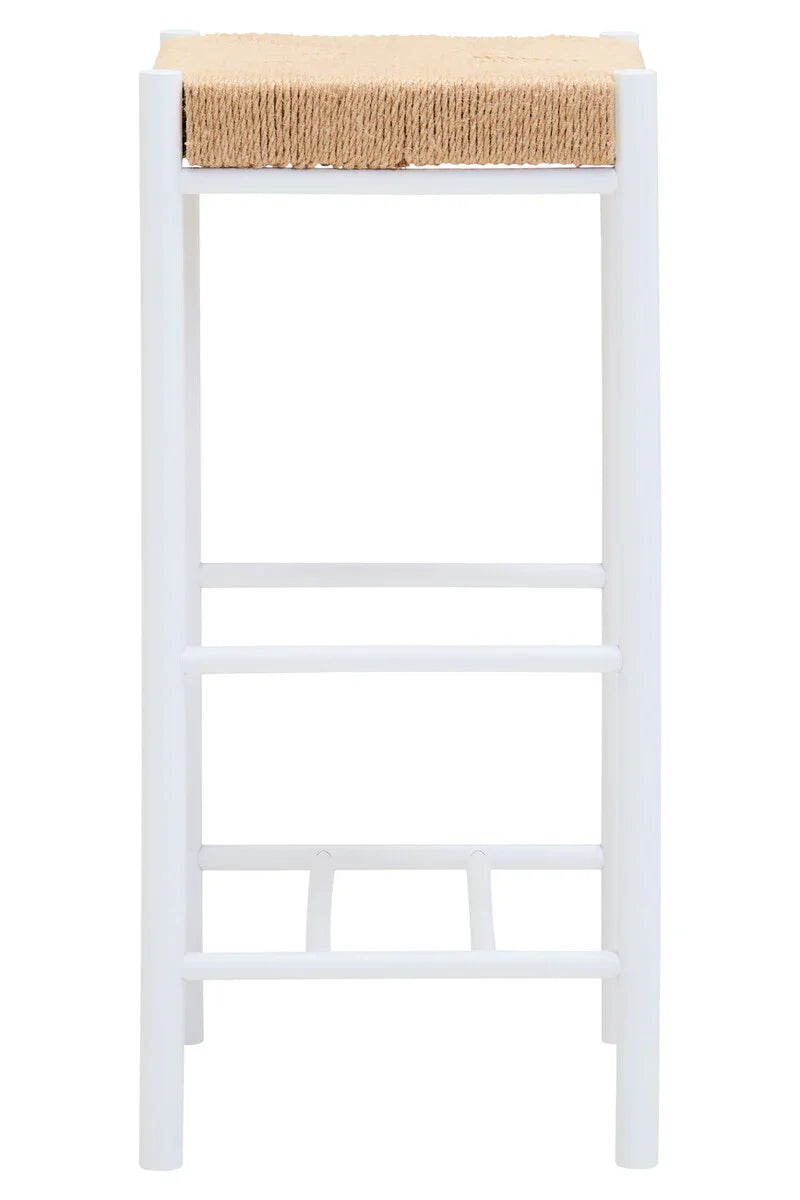 White wooden bar stool with natural woven seat, front view