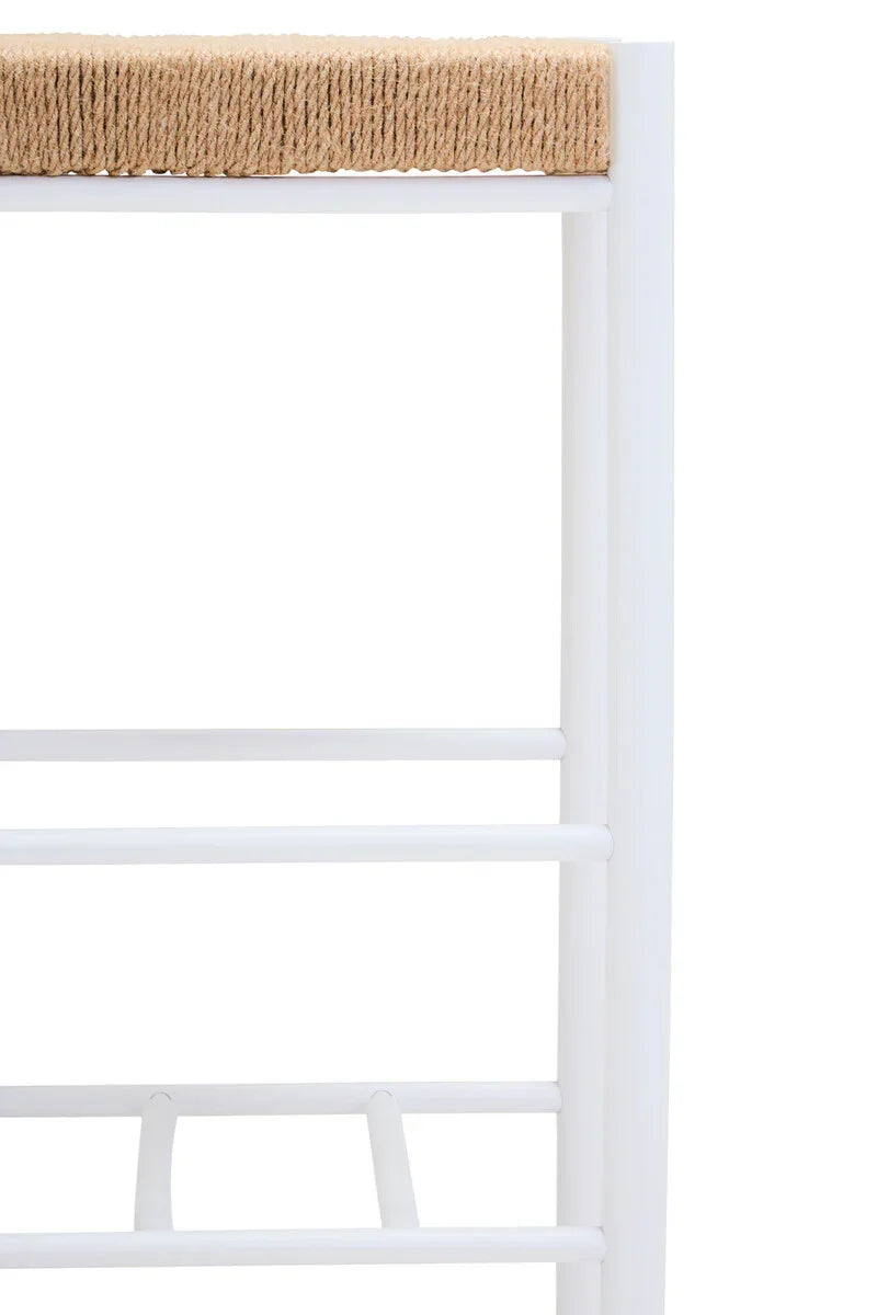 Close-up of white wooden stool with woven rope seat detail
