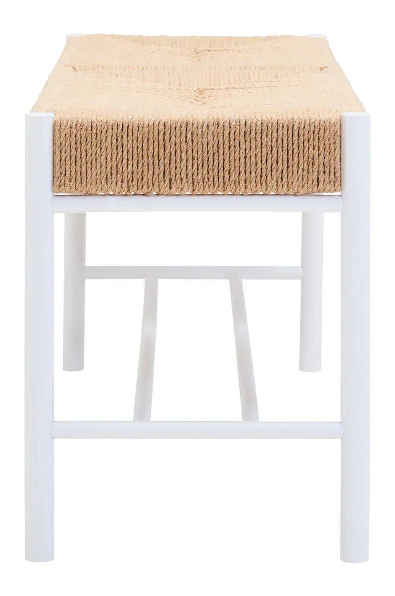 woven rope bench seat with white metal frame, photographed from the front