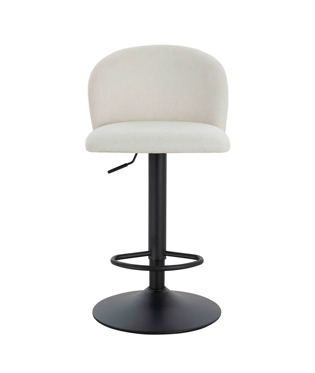 Cream fabric bar stool with curved backrest and black metal base, front view