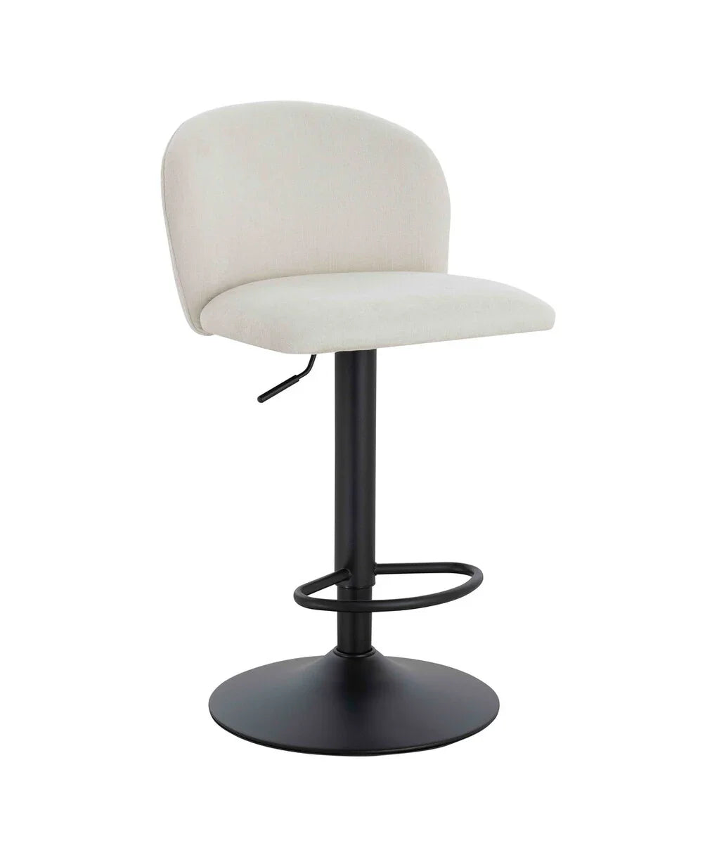Beige fabric bar stool with black adjustable metal base and circular footrest