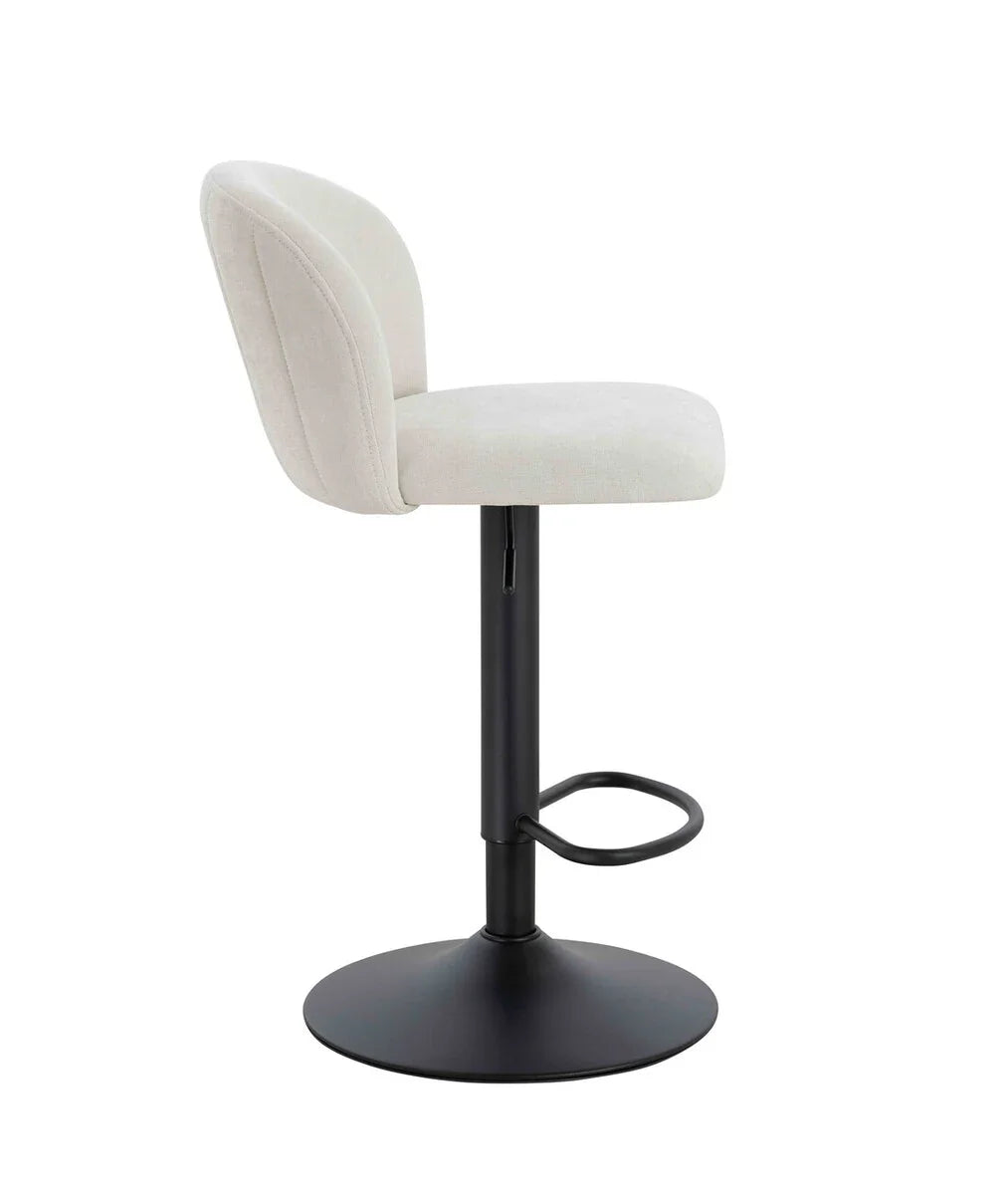 Beige fabric barstool with curved backrest and black pedestal base, side profile view