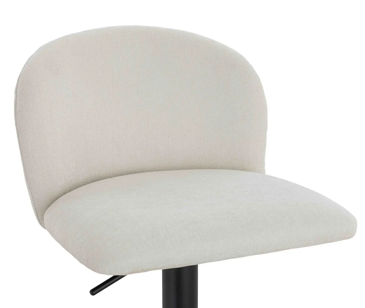 Cream fabric bar stool with curved backrest and black metal base, close-up view