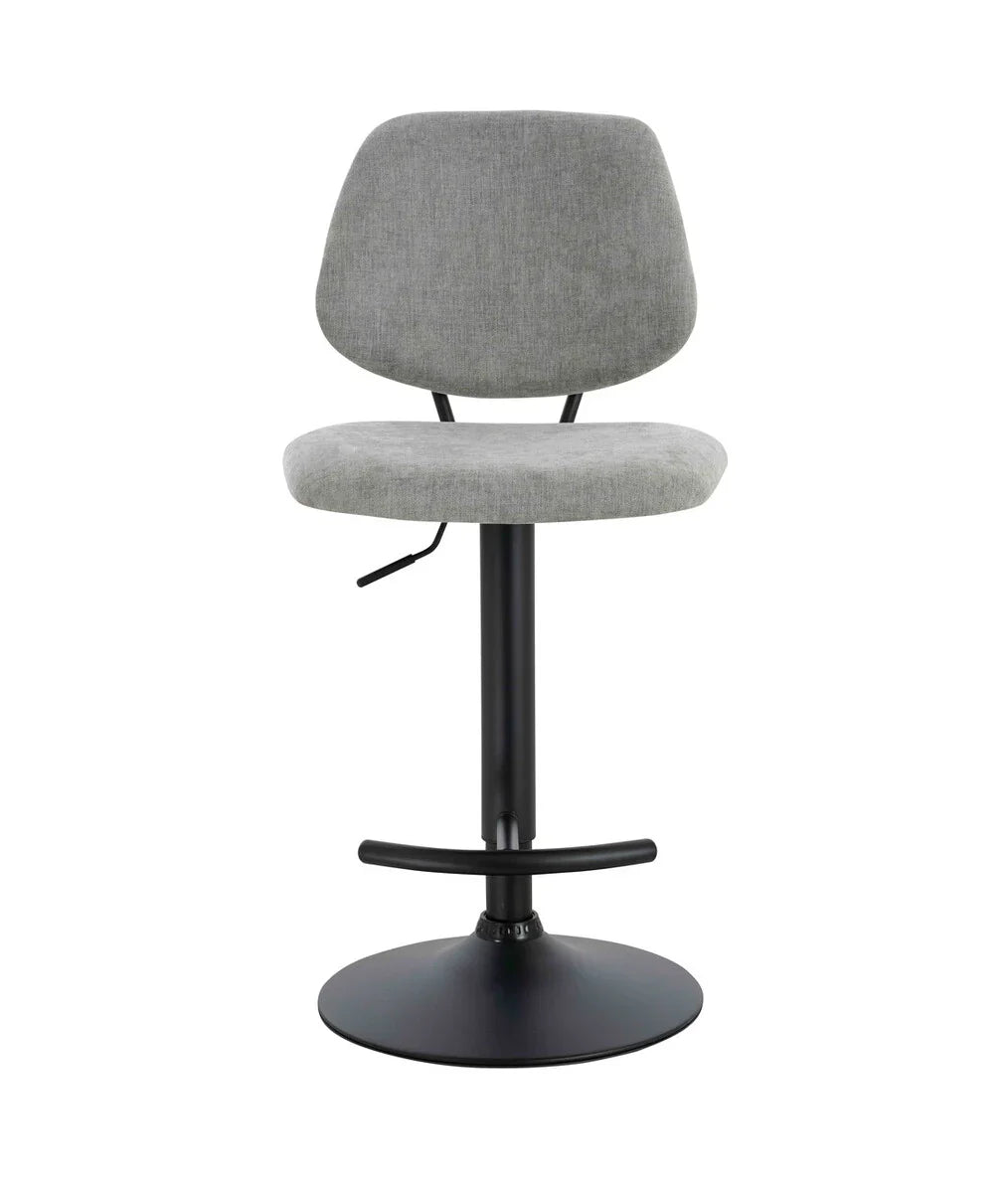 Grey fabric bar stool with black pedestal base and footrest, front view