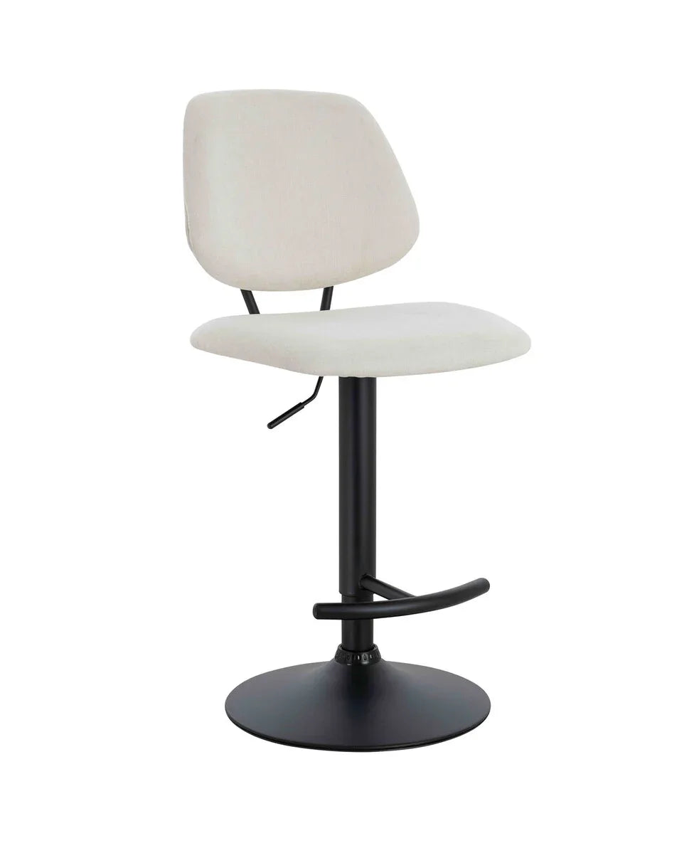 Cream fabric bar stool with black metal base and footrest, adjustable height
