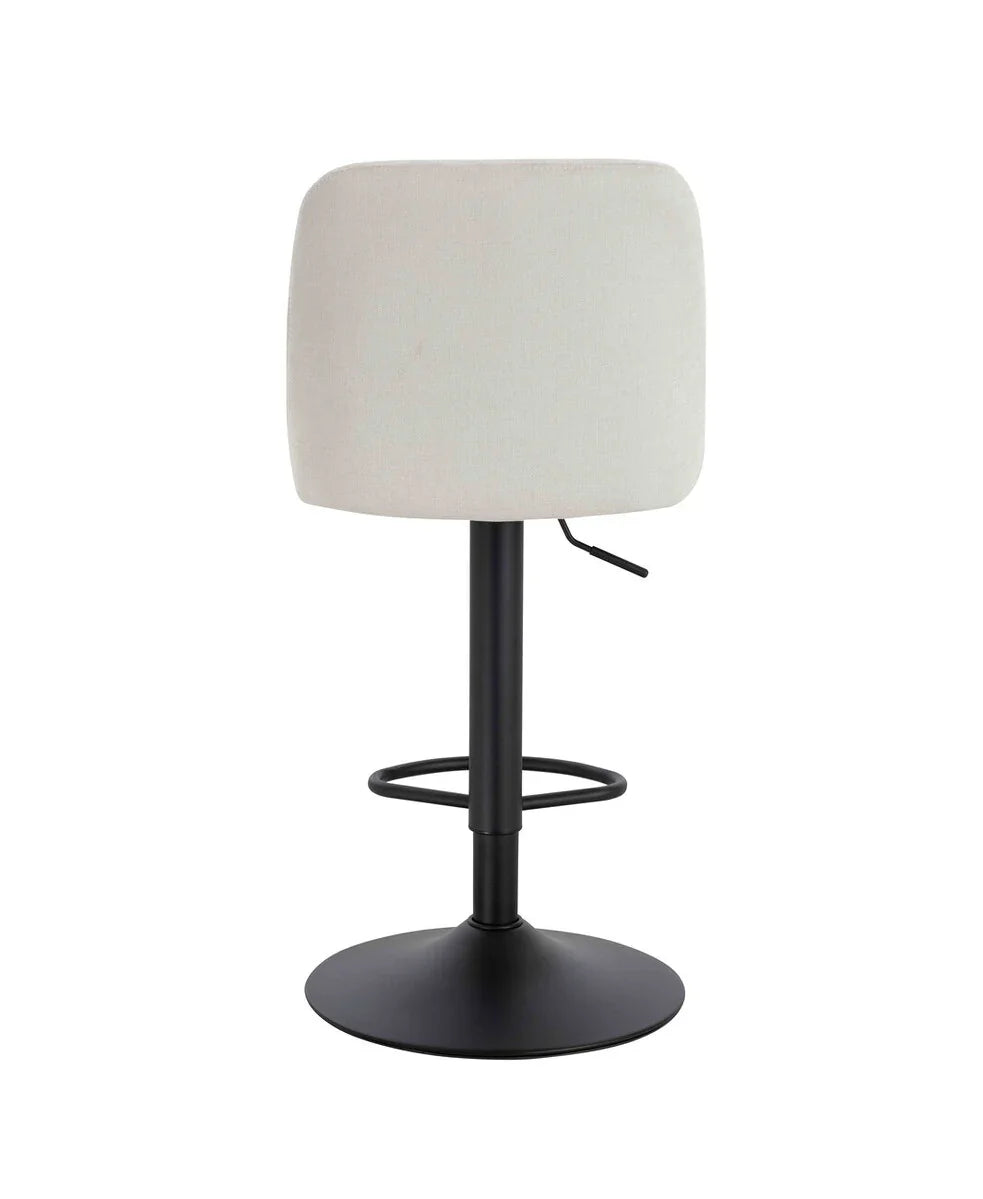 Back view of cream fabric bar stool with black metal base and footrest