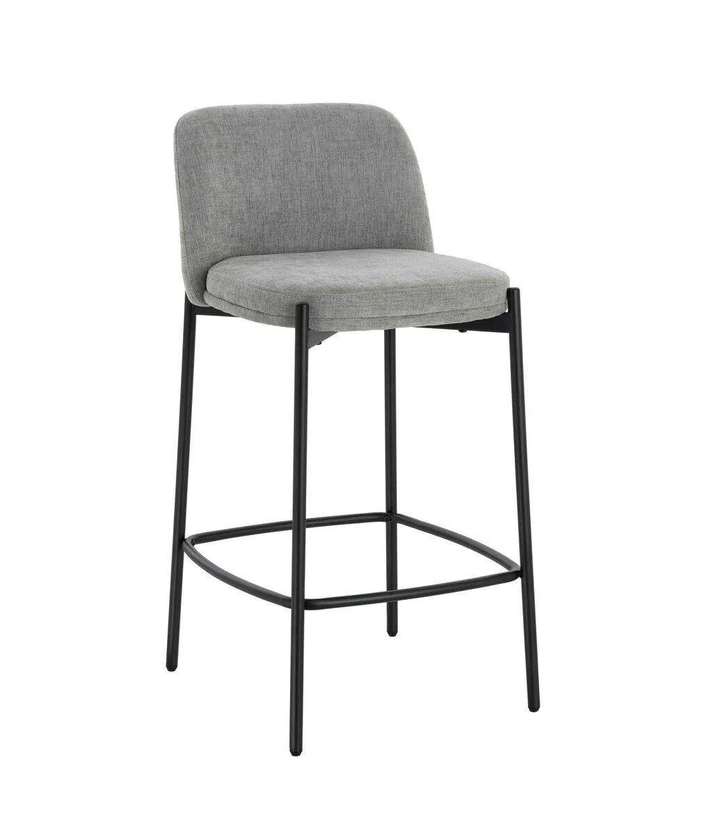 Grey fabric bar stool with cushioned seat, black metal legs and low curved backrest