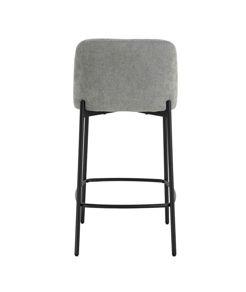 Grey fabric bar stool with black metal legs, rear view