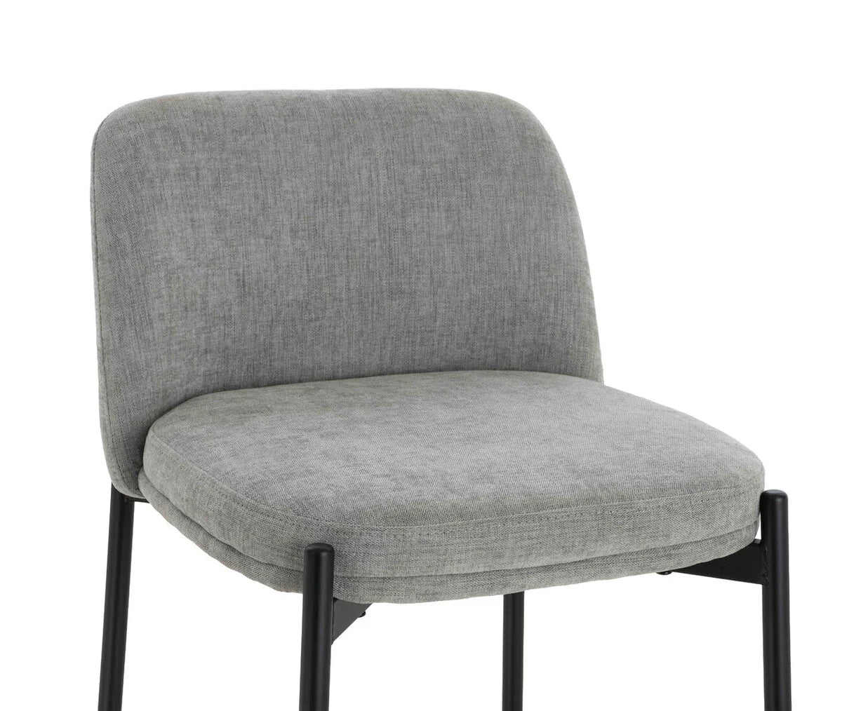 Grey fabric dining chair with cushioned seat and black metal legs, front angle view